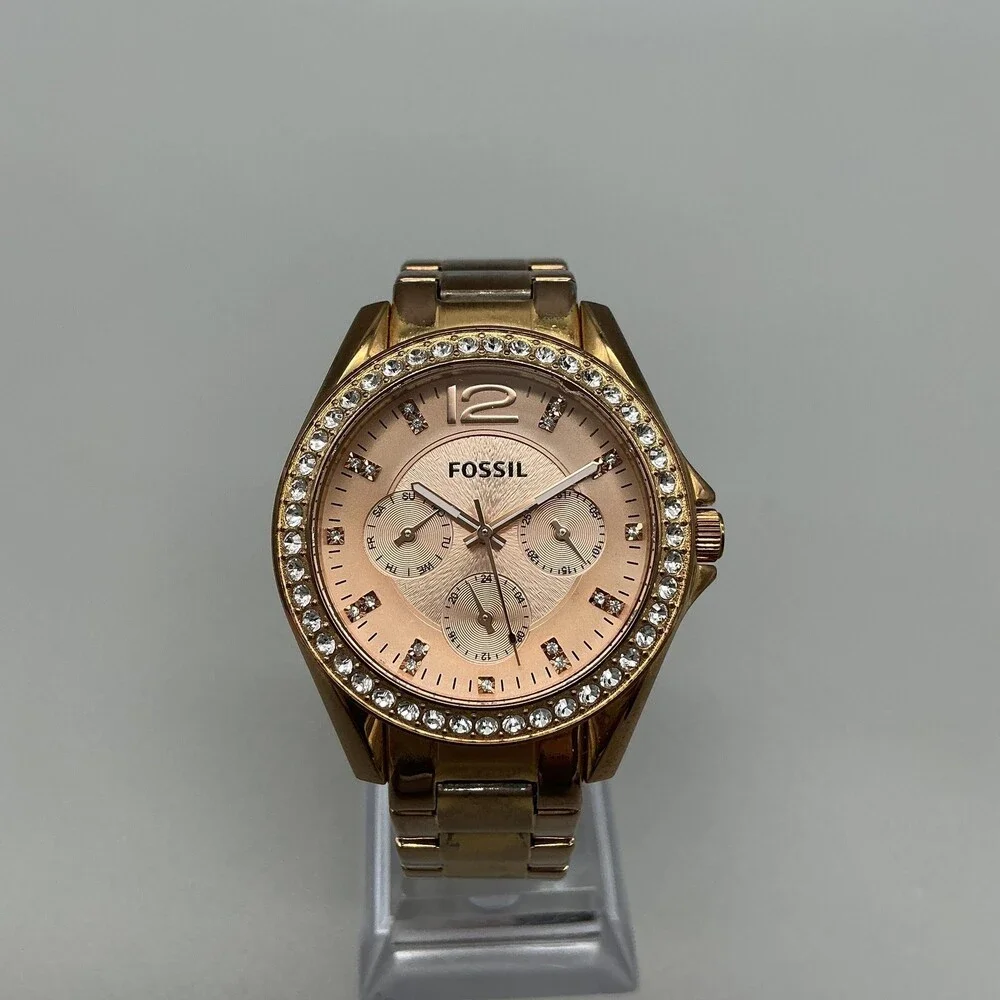 Fossil Womens Watch 38mm Rose Gold Tone Dial Crystal Bezel New Battery 6.75